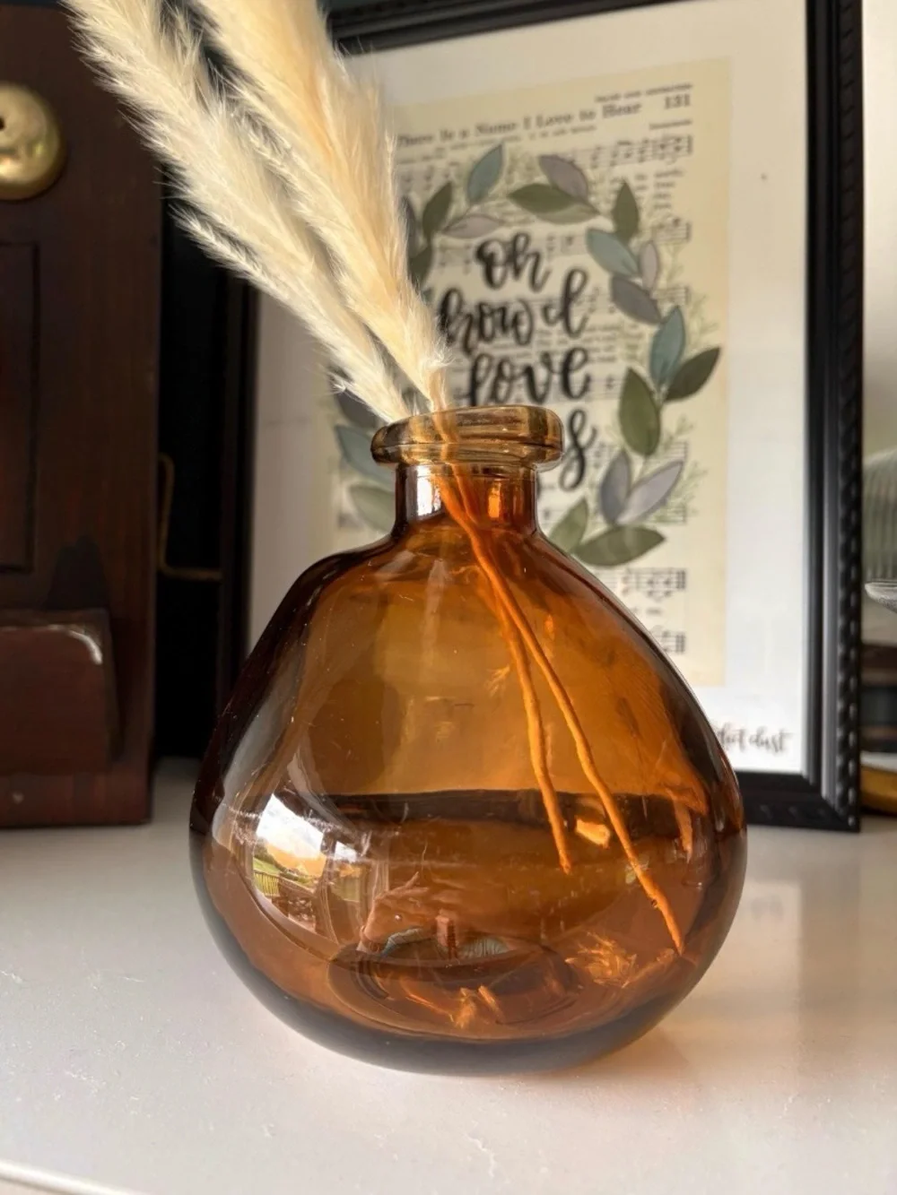 Vintage Amber Hand Blown Glass Vase w Faux Pampas Stems 6”